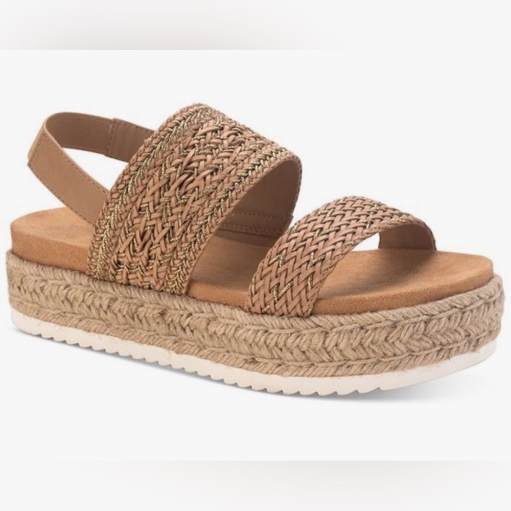Sun + Stone Karli Espadrille Platform Tan & Gold Dual Strap Elastic Heel Sandals